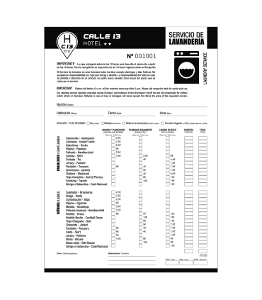 Hoja de Comanda para Lavandería